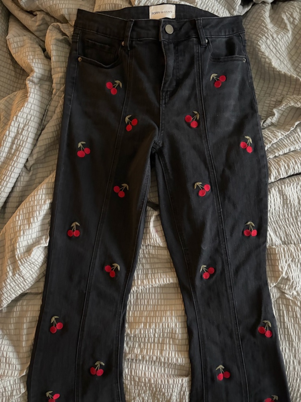 Black flare Jeans with Red Cherry Embroidery